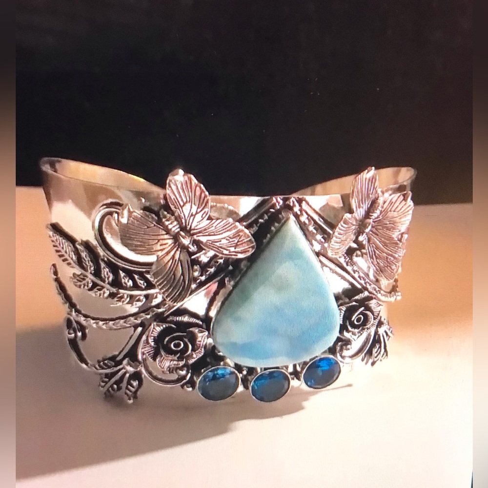 Larimar Blue Topaz Stamped 925 Sterling Silver Cuff Bracelet